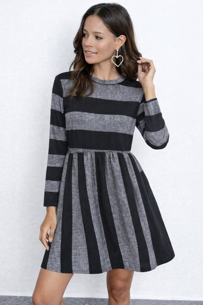 Rochie mini Supreme pentru femei, cu mânecă lungă, guler rotund și detalii cu dungi, 31808