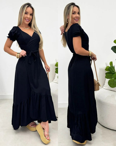 Rochie lungă tricotată cu mânecă scurtă pentru femei, cu detaliu înfășurat în față, 30952