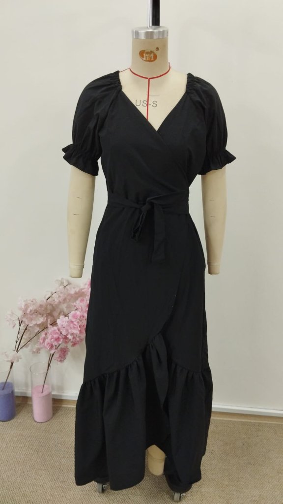 Rochie lungă tricotată cu mânecă scurtă pentru femei, cu detaliu înfășurat în față, 30952