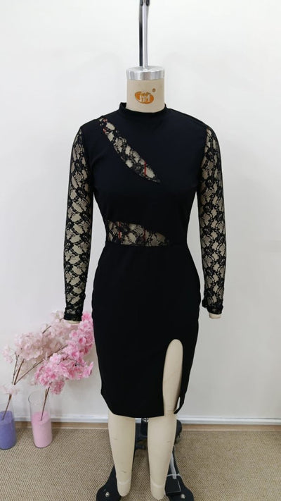 Rochie mini din crep importat pentru femei, cu mânecă lungă, guler înalt, bust, talie, decupaj, dantelă, crăpătură laterală, 31896