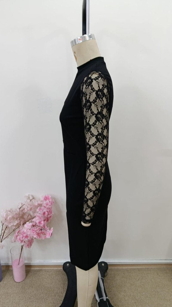Rochie mini din crep importat pentru femei, cu mânecă lungă, guler înalt, bust, talie, decupaj, dantelă, crăpătură laterală, 31896