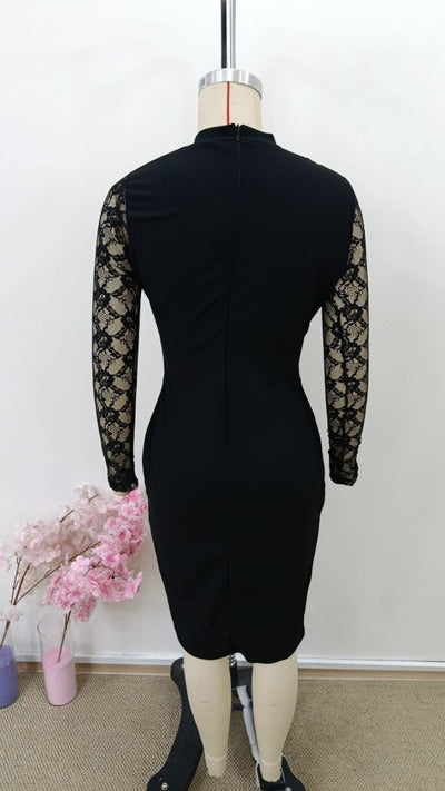 Rochie mini din crep importat pentru femei, cu mânecă lungă, guler înalt, bust, talie, decupaj, dantelă, crăpătură laterală, 31896