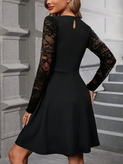 Women's Long-Sleeve Turtleneck Lace Imported Crepe Short Flared Dress, 30989