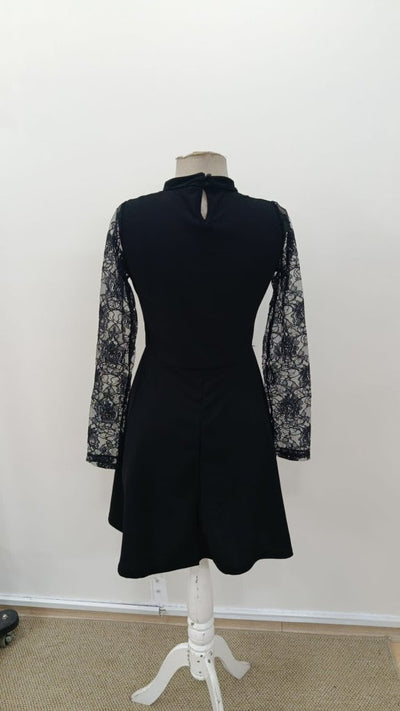 Women's Long-Sleeve Turtleneck Lace Imported Crepe Short Flared Dress, 30989
