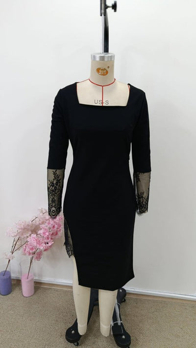 Kadın Uzun Kollu Geometrik Yakalı Dantel Detaylı Midi Ithal Krep Elbise , 31000