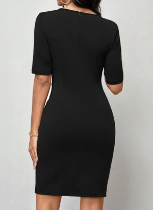Rochie mini din crep importat, cu mânecă scurtă și guler rotund, cu încrețituri în față, pentru femei, 31003
