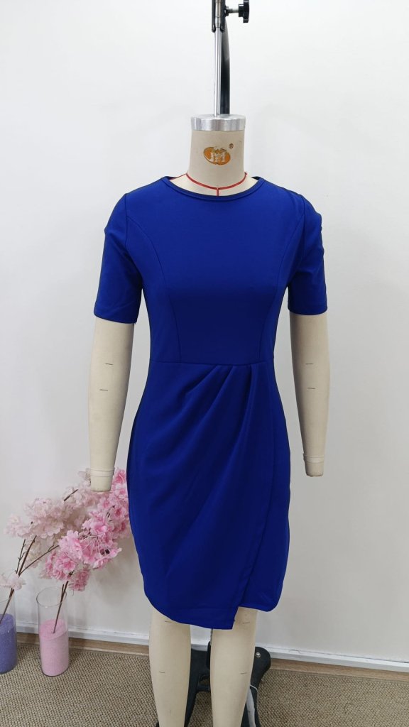 Rochie mini din crep importat, cu mânecă scurtă și guler rotund, cu încrețituri în față, pentru femei, 31004