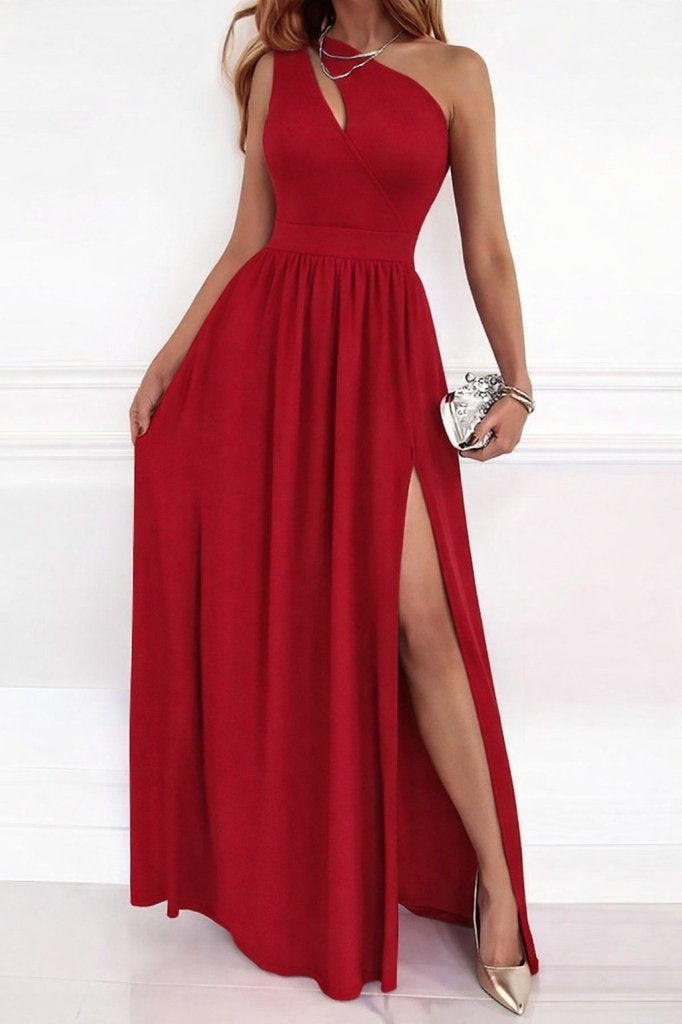 Rochie maxi din crep pentru femei, cu decolteu asimetric și crăpătură, 33095