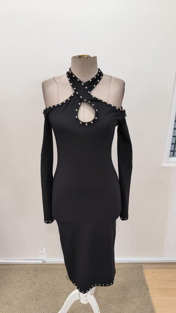 Rochie midi de damă, cu umeri goi, decolteu halter, detaliu căzut, model scuba, 31018