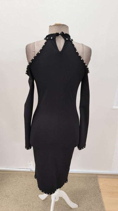 Rochie midi de damă, cu umeri goi, decolteu halter, detaliu căzut, model scuba, 31018