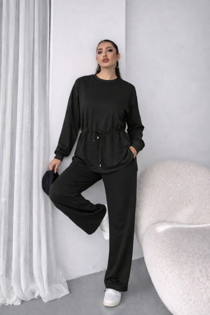 Set de două piese pentru femei, din viscoză, cu două fire, bluză și pantaloni, guler rotund, talie cu șnur, 32055