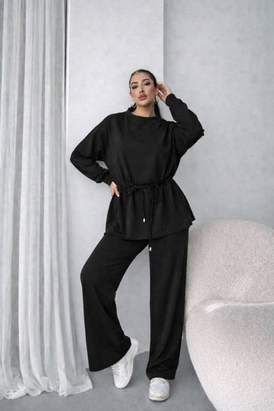 Set de două piese pentru femei, din viscoză, cu două fire, bluză și pantaloni, guler rotund, talie cu șnur, 32055