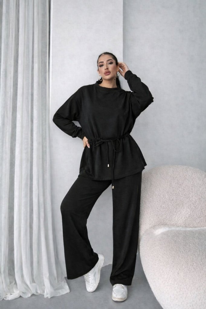 Set de două piese pentru femei, din viscoză, cu două fire, bluză și pantaloni, guler rotund, talie cu șnur, 32055