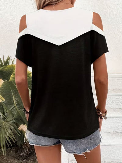 Women's Short Sleeve Crew Neck Two-Tone Viscose Blouse, 31030