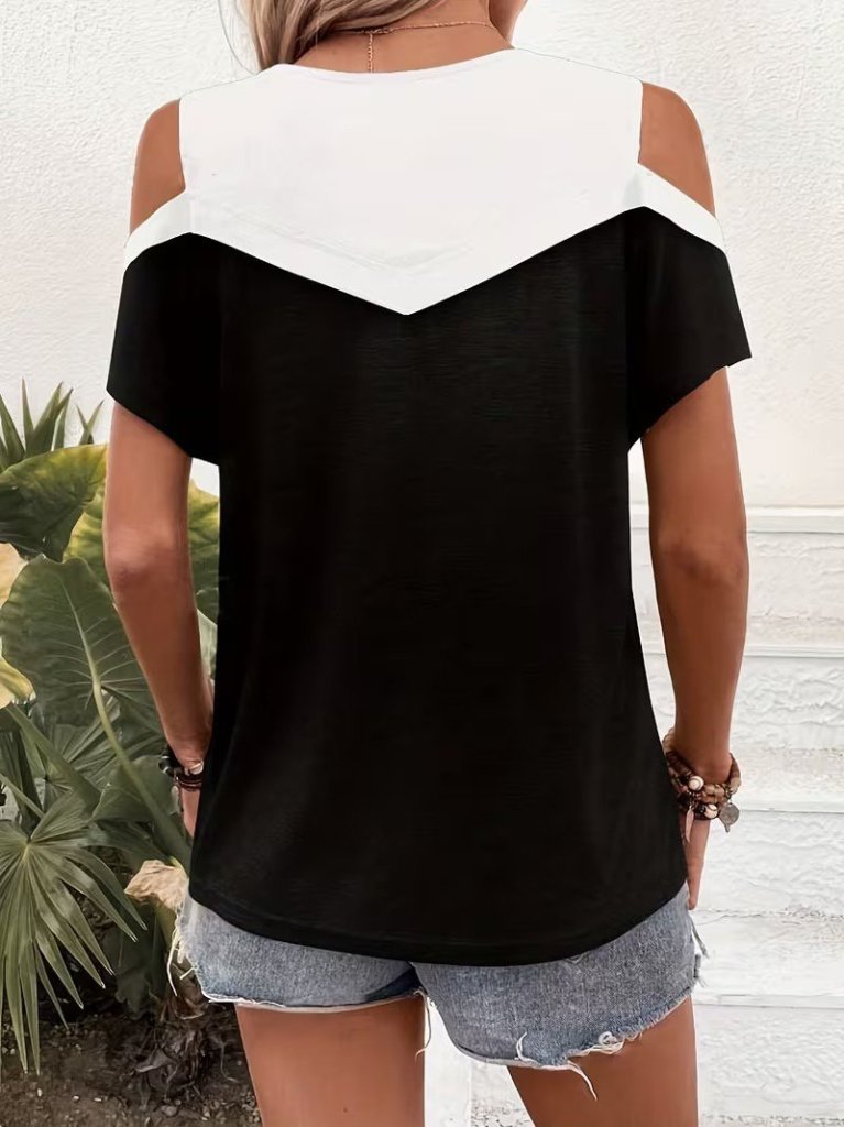 Women's Short Sleeve Crew Neck Two-Tone Viscose Blouse, 31030