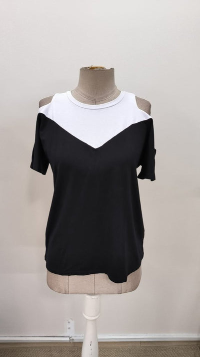 Women's Short Sleeve Crew Neck Two-Tone Viscose Blouse, 31030
