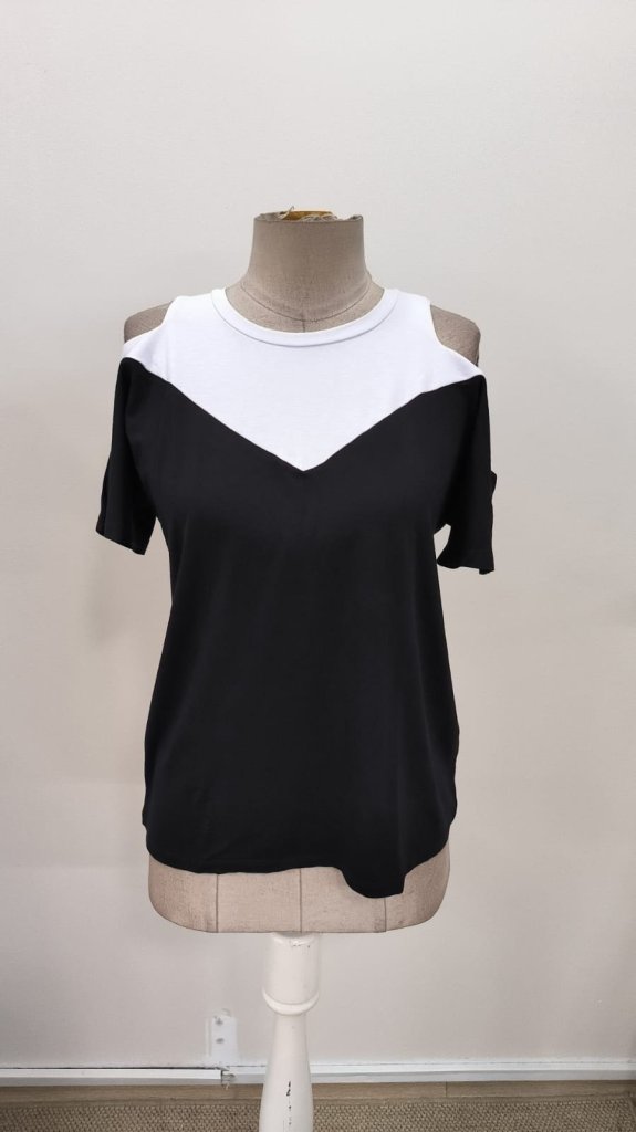 Women's Short Sleeve Crew Neck Two-Tone Viscose Blouse, 31030