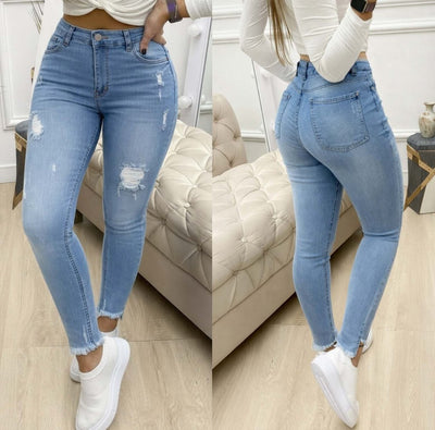 Pantaloni de blugi Skinny Dama, talie înaltă, cu aspect rupt, 31060