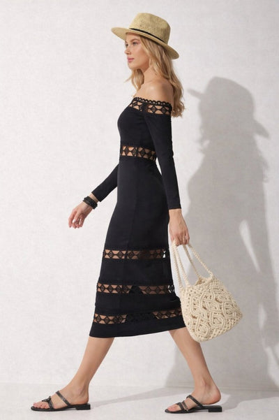 Rochie midi de damă cu mânecă lungă, guler din dantelă și crăpătură Madonna, 32267