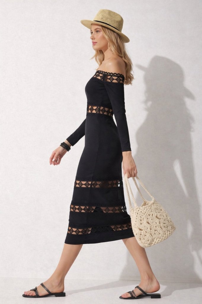 Rochie midi de damă cu mânecă lungă, guler din dantelă și crăpătură Madonna, 32267