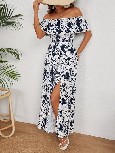 Rochie lungă Supreme pentru femei, cu umeri goi, decolteu Madonna, model floral și crăpătură, 34309