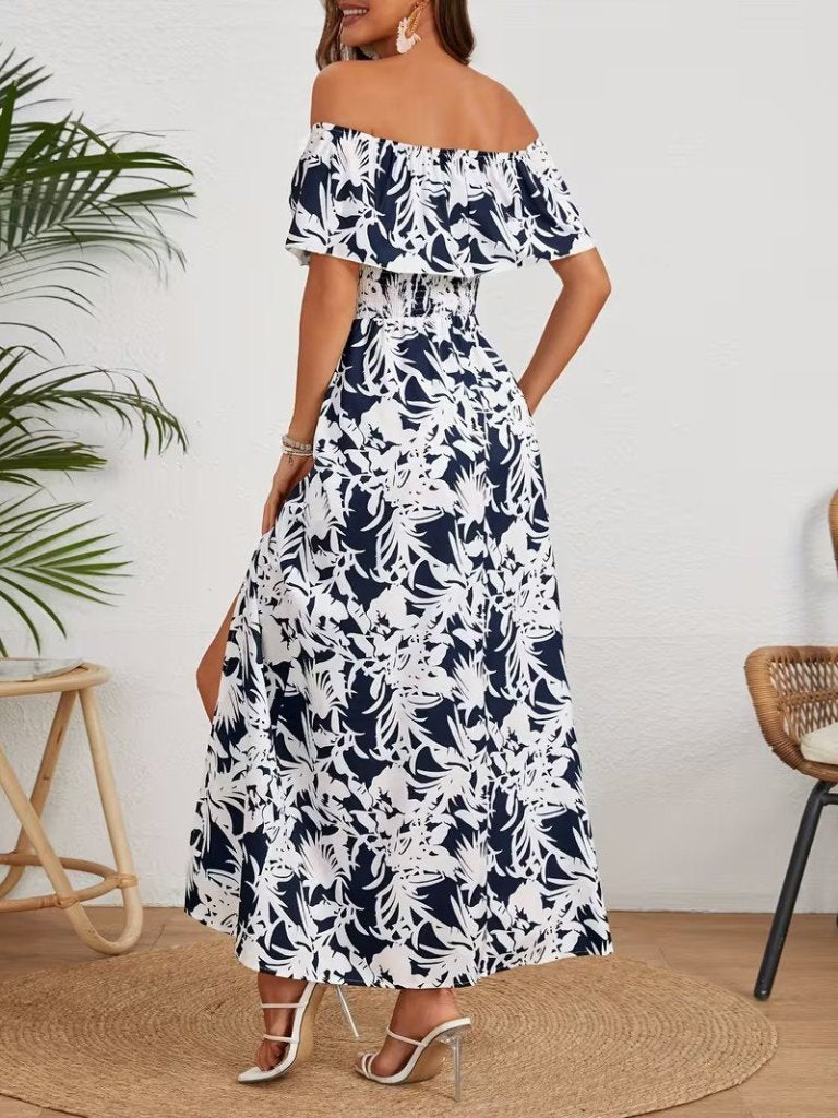 Rochie lungă Supreme pentru femei, cu umeri goi, decolteu Madonna, model floral și crăpătură, 34309
