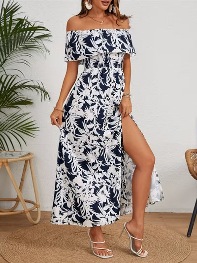 Rochie lungă Supreme pentru femei, cu umeri goi, decolteu Madonna, model floral și crăpătură, 34309