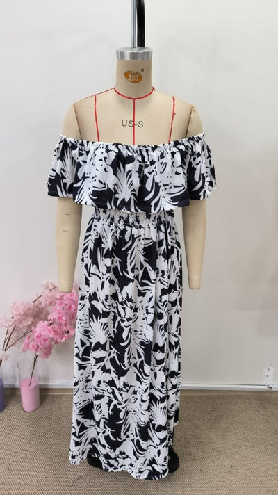 Rochie lungă Supreme pentru femei, cu umeri goi, decolteu Madonna, model floral și crăpătură, 34309