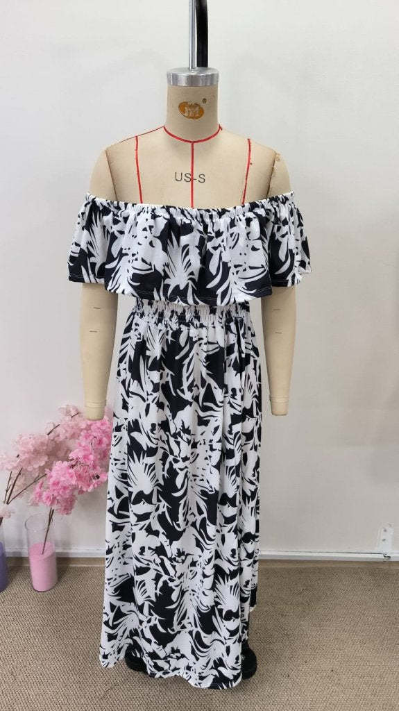 Rochie lungă Supreme pentru femei, cu umeri goi, decolteu Madonna, model floral și crăpătură, 34309