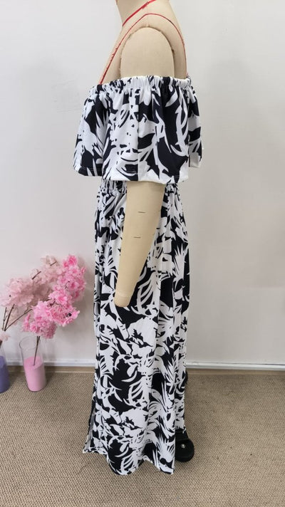 Rochie lungă Supreme pentru femei, cu umeri goi, decolteu Madonna, model floral și crăpătură, 34309