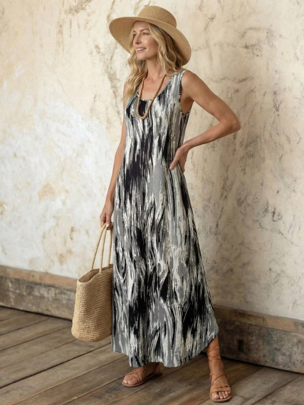 Rochie lungă Supreme cu imprimeu, guler rotund, bretele și buzunare pentru femei, 31109