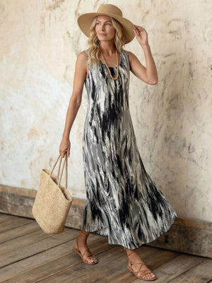 Rochie lungă Supreme cu imprimeu, guler rotund, bretele și buzunare pentru femei, 31109