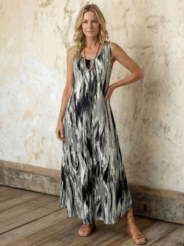 Rochie lungă Supreme cu imprimeu, guler rotund, bretele și buzunare pentru femei, 31109