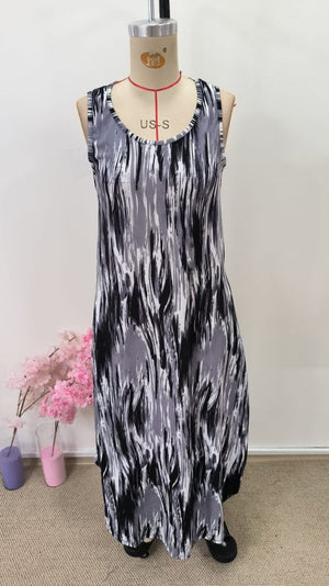 Rochie lungă Supreme cu imprimeu, guler rotund, bretele și buzunare pentru femei, 31109