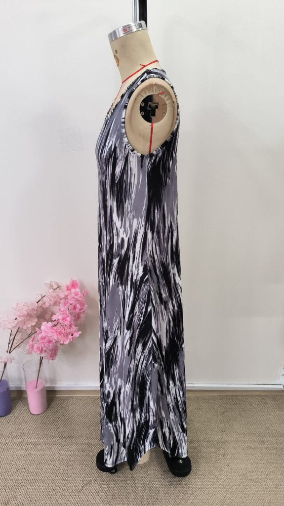 Rochie lungă Supreme cu imprimeu, guler rotund, bretele și buzunare pentru femei, 31109