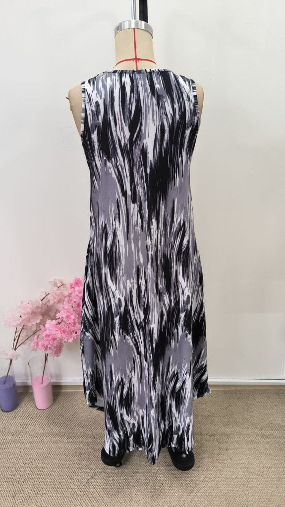 Rochie lungă Supreme cu imprimeu, guler rotund, bretele și buzunare pentru femei, 31109
