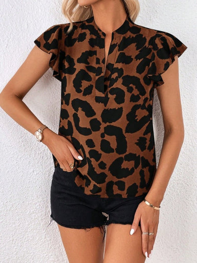 Bluză Supreme pentru femei, cu mâneci scurte, volane, decolteu în V, imprimeu leopard, 31118
