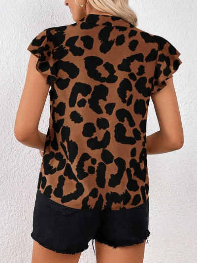 Bluză Supreme pentru femei, cu mâneci scurte, volane, decolteu în V, imprimeu leopard, 31118