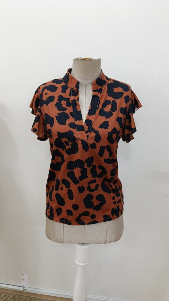 Bluză Supreme pentru femei, cu mâneci scurte, volane, decolteu în V, imprimeu leopard, 31118