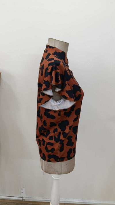 Bluză Supreme pentru femei, cu mâneci scurte, volane, decolteu în V, imprimeu leopard, 31118