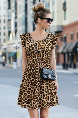 Rochie Supreme evazată cu imprimeu leopard, cu mâneci scurte și volane, decolteu deschis, pentru femei, 31154