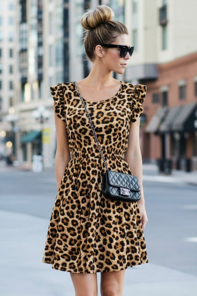 Rochie Supreme evazată cu imprimeu leopard, cu mâneci scurte și volane, decolteu deschis, pentru femei, 31154