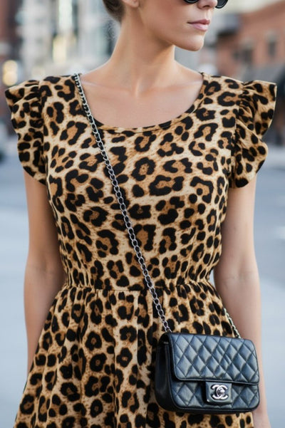 Rochie Supreme evazată cu imprimeu leopard, cu mâneci scurte și volane, decolteu deschis, pentru femei, 31154