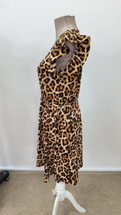 Rochie Supreme evazată cu imprimeu leopard, cu mâneci scurte și volane, decolteu deschis, pentru femei, 31154