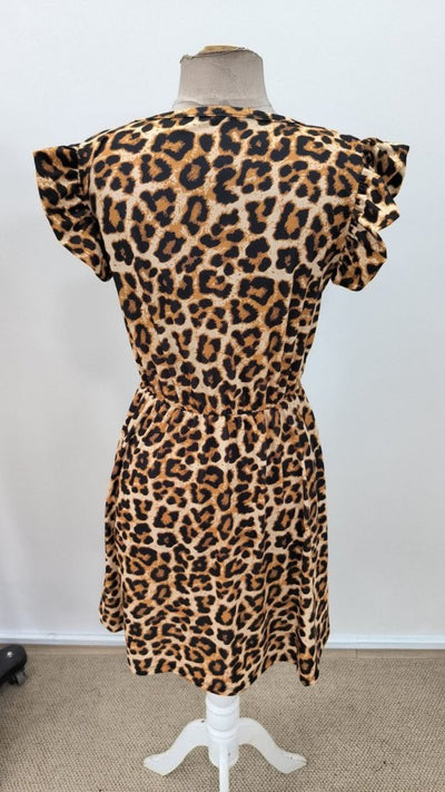 Rochie Supreme evazată cu imprimeu leopard, cu mâneci scurte și volane, decolteu deschis, pentru femei, 31154