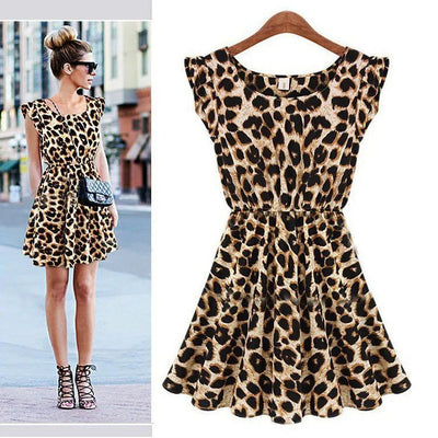 Rochie Supreme evazată cu imprimeu leopard, cu mâneci scurte și volane, decolteu deschis, pentru femei, 31154