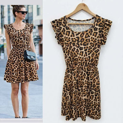 Rochie Supreme evazată cu imprimeu leopard, cu mâneci scurte și volane, decolteu deschis, pentru femei, 31154