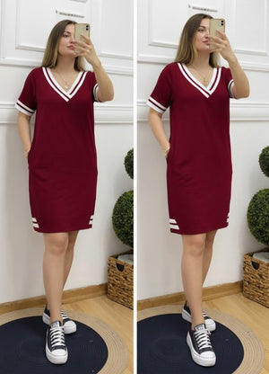 Rochie de damă din viscoză, lungime până la genunchi, cu mânecă scurtă, decolteu în V, detalii striate și buzunare, 31196