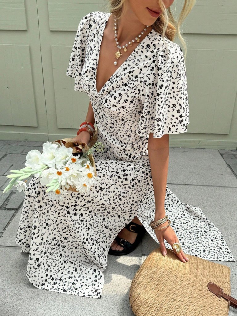Rochie midi Supreme pentru femei, cu mânecă scurtă, decolteu în V, crăpături laterale, imprimeu floral, 31157