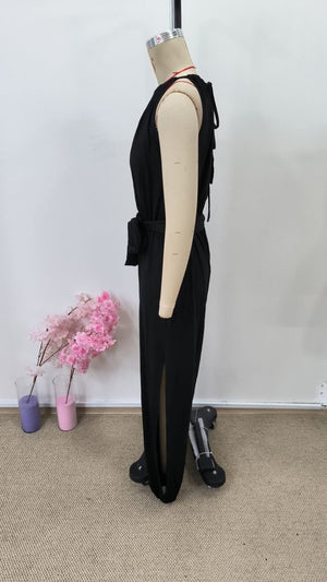 Kadın Omuzlardan Açık Damla Detaylı Yandan Yırtmaçlı Belden Kuşaklı Viskon Tulum , 34259